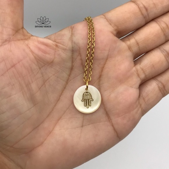 Freshwater Shell Hamsa Necklace | Stainless Steel - Picture 5 of 10